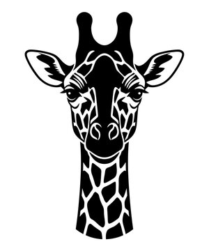 Stylized black and white giraffe head portrait illustration isolated on a plain white background