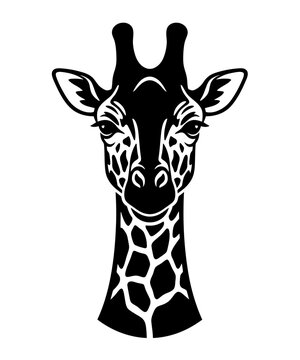 Stylized black and white portrait of a giraffe head isolated on a clean white background