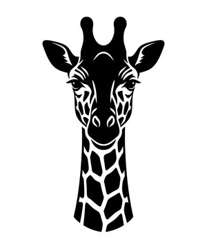 Stylized black and white portrait of a giraffe head isolated on a white background for graphic design