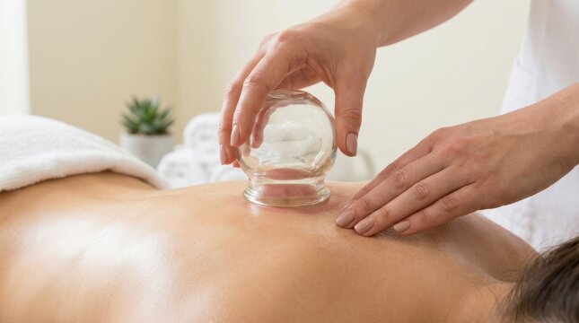 Therapist performing vacuum cupping therapy on female back for muscle relief in wellness spa treatment center.