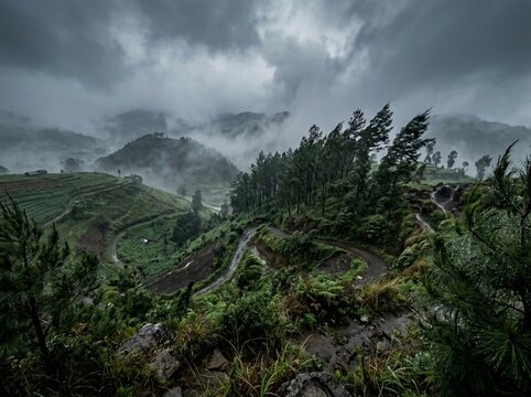 Stormy Weather Over Mountainous Forest Landscape.