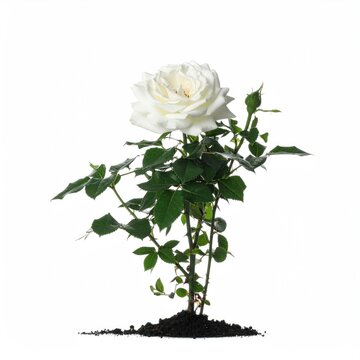 A single, pristine white rose bush flourishing against a stark white background, emerging from soil