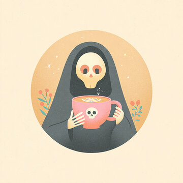 Cute grim reaper holding pink coffee mug with latte art in round frame illustration