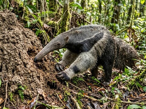 Giant anteater digging in dense tropical forest soil.
