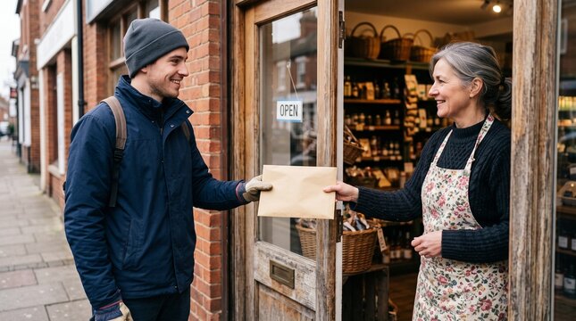 Delivery worker handing sealed envelope to shop owner at storefront entrance
