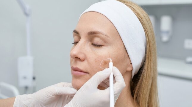Beautician drawing on woman&rsquo;s face for cosmetic surgery, marking skin before aesthetic procedure.