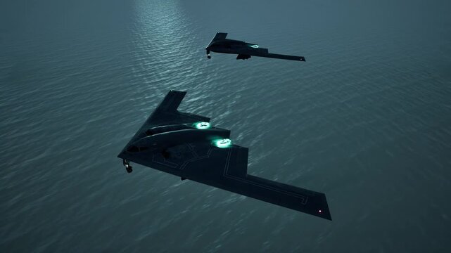 B-2 stealth bomber aircraft flying at high speed over ocean water, strategic air force concept, 3D animation