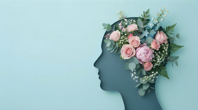 Human profile head shape filled with pink roses and green eucalyptus leaves on a light blue background with soft natural side lighting and shadows