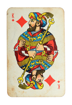 Old vintage King of Diamonds playing card isolated on white.