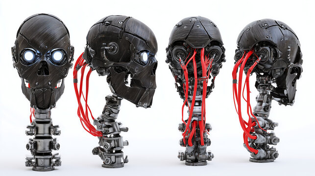 Multiple views of a dark metallic robotic skull with glowing eyes and red cables isolated on a white background.
