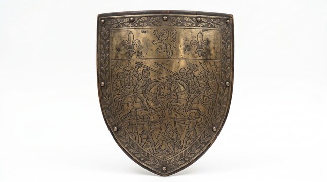 Ornate metal shield with intricate engravings and rivets