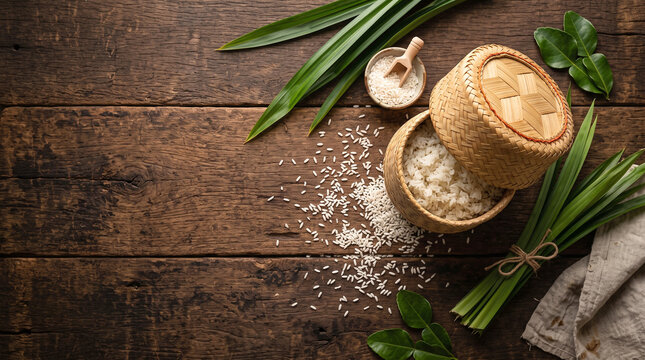Traditional woven bamboo sticky rice basket on rustic wooden table with copy space