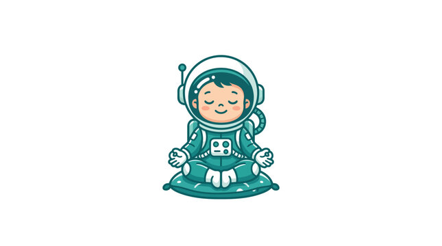Astronaut boy meditating in lotus pose.