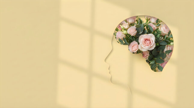A human head profile on a yellow background filled with pink roses and green eucalyptus leaves representing mental health and positive thinking concepts