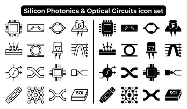 Silicon photonics and optical circuits vector icon set for electronic engineering design