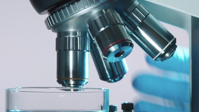 Microscope objective lens positioned over Petri dish in clean laboratory