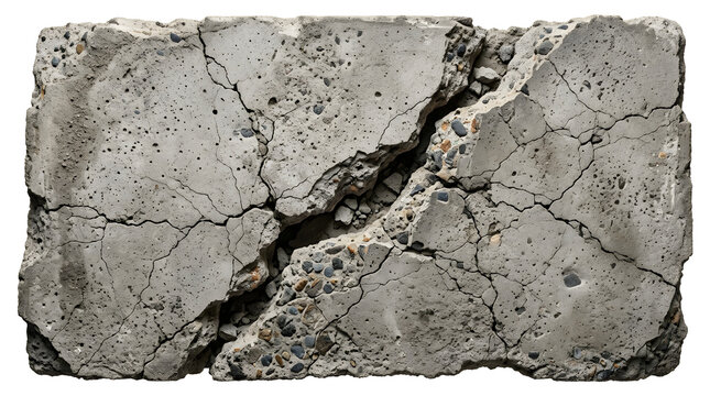 Broken concrete slab with deep fracture. Cracked cement block isolated on white background.