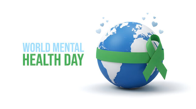 World mental health day graphic featuring a blue and white earth globe wrapped in a green ribbon with small floating hearts on white background