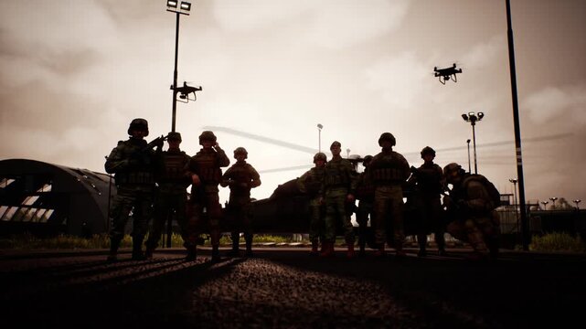 Military soldiers and helicopter on ground with drones and three fighter jets flying in formation overhead, 3D animation