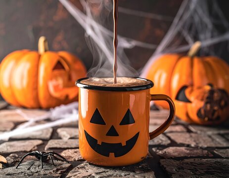 Pouring hot chocolate into a pumpkin mug with halloween decorations