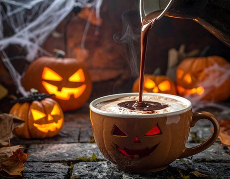 Pouring hot chocolate into a pumpkin mug for halloween