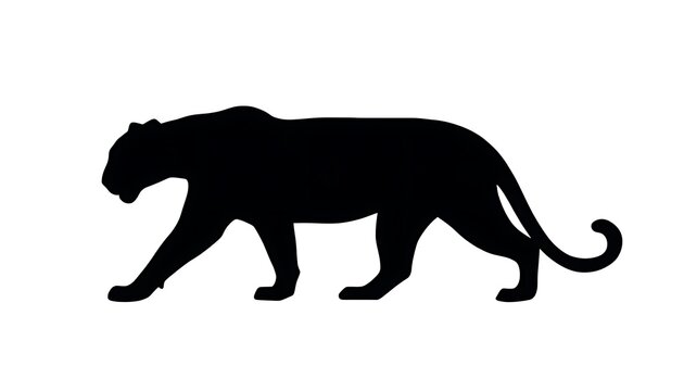 Solid black silhouette of a leopard walking isolated on a white background