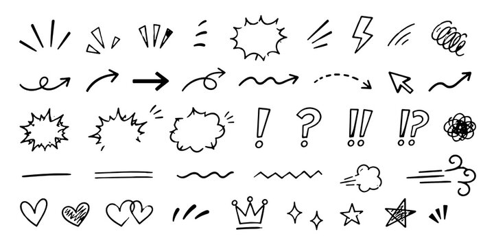 hand drawn motion line set with arrows, sparkle, emphasis marks, shock symbols and comic emotion effects. Doodle sketch movement elements for cartoon and manga design. Vector illustration.