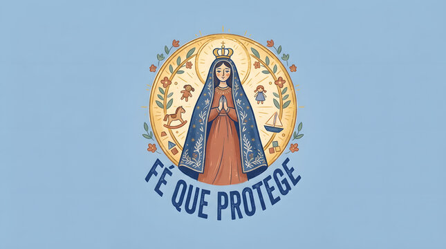 Faith that protects virgin mary with children toys boat and flowers illustration.