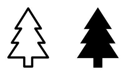 Obraz premium Simple Christmas Tree Icons, Outline and Silhouette Vector Graphics, Evergreen Fir Tree Symbols for Winter Holiday Design and Festive Decoration