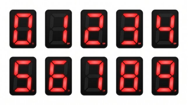 Digital number display illustration showing red and black seven-segment digits from 0 to 9, resembling LED clock or calculator screens.
