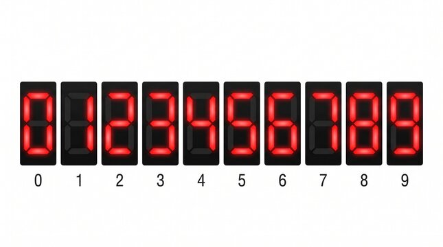 Digital number display illustration showing red and black seven-segment digits from 0 to 9, resembling LED clock or calculator screens.