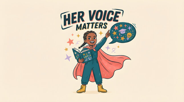 Young girl with cape reading book and pointing up her voice matters empowering message illustration.