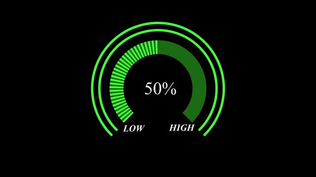 Glowing digital gauges move from high overload to safe low levels, presentation template, needle, indicator, warning message, risk assessment icon from 100 to 0. tension indicator icon.