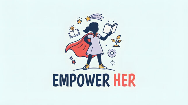 Girl in superhero cape holding book learning and growing with symbols for empowerment message.