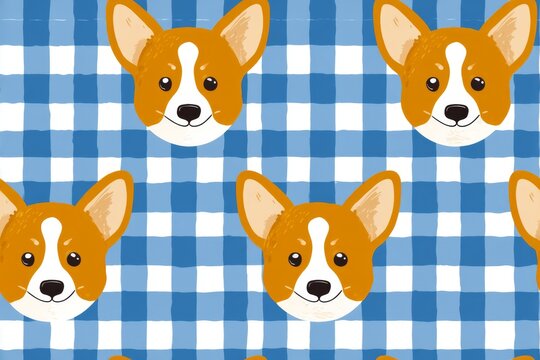 Cute corgi dog faces on a blue and white checkered pattern perfect for fabric design and home decor projects. Ideal for pet lovers and designers alike. Generative AI