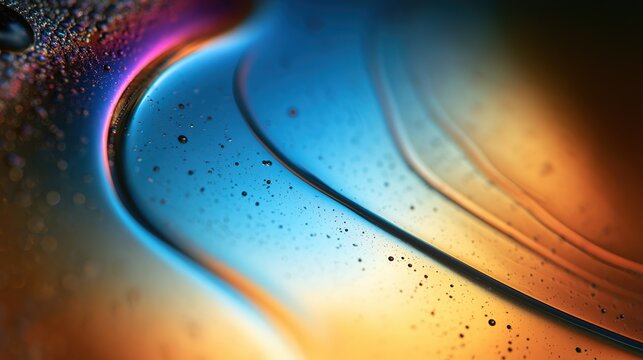Macro shot of iridescent liquid surface with thin‑film interference, violet magenta blue cyan yellow ochre gradient, organic ripples and tiny dark specks, soft edge focus