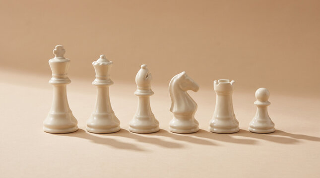 White Chess Pieces Set Standing in Height Order on Neutral Background