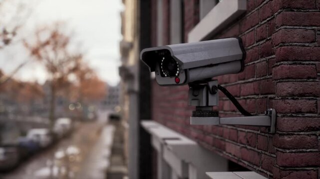 Outdoor CCTV security camera mounted on urban building wall for city surveillance, safety and protection concept, 3D animation