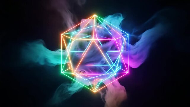Abstract neon icosahedron geometric shape with colorful smoke