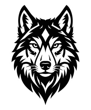 Stylized black and white wolf head mascot illustration for sports teams or apparel design