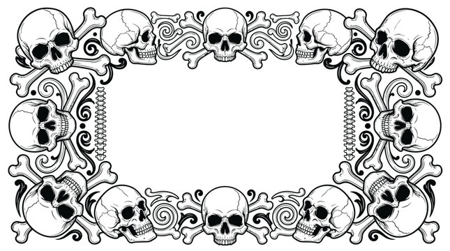 Gothic Halloween Border with Detailed Human Skulls and Crossbones Ornaments on White Background