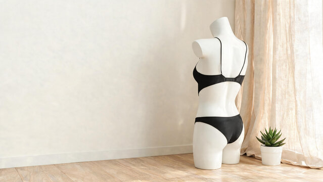 monokini. White dress form mannequin wearing black cutout-back monokini beside sheer curtain and potted plant, fashion retail interior concept, lifestyle magazines.