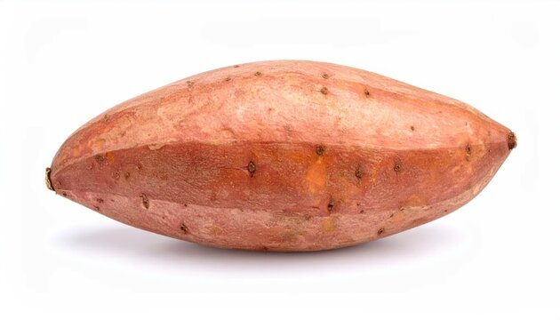 A single, whole sweet potato isolated on a white background, oblong in shape with textured skin