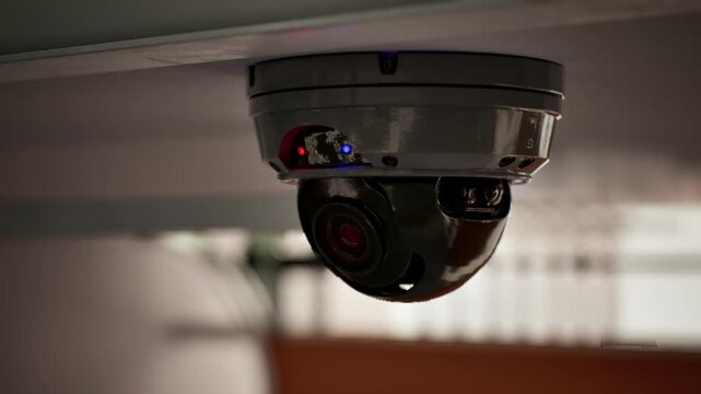 Outdoor CCTV security camera mounted on urban building wall for city surveillance, safety and protection concept, 3D animation