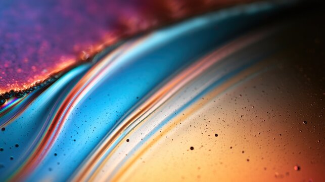 Macro shot of iridescent liquid surface with thin‑film interference, violet magenta blue cyan yellow ochre gradient, organic ripples and tiny dark specks, soft edge focus