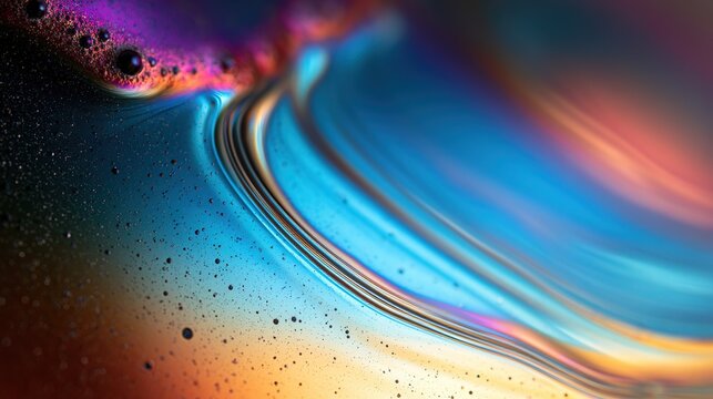 Macro shot of iridescent liquid surface with thin‑film interference, violet magenta blue cyan yellow ochre gradient, organic ripples and tiny dark specks, soft edge focus