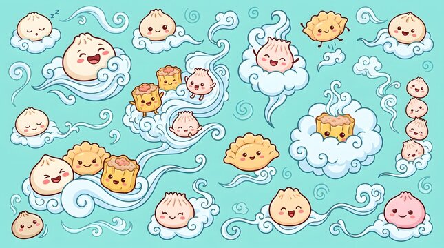 Kawaii dim sum cartoon characters floating on stylized blue clouds
