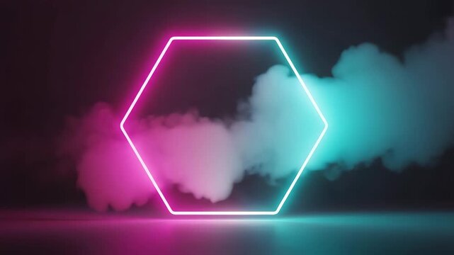 Neon hexagon frame with pink and blue smoke on dark background