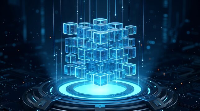 Fragmented blue digital cube over glowing circular platform with data streams for quantum processing