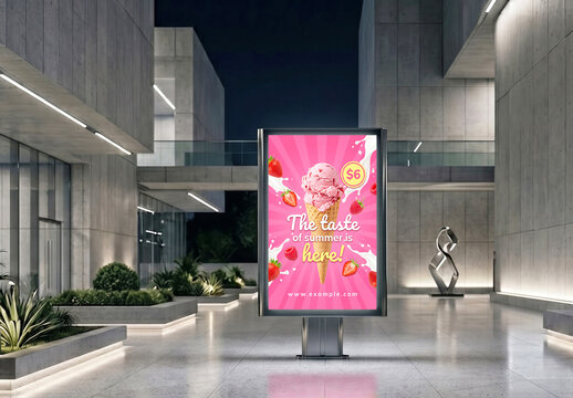 Advertisement Billboard Mockup in Modern Night Plaza